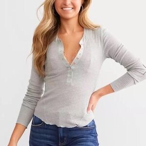Free People Henley Top Womens Size XS Gray Waffle Knit Long Sleeve Intimately
